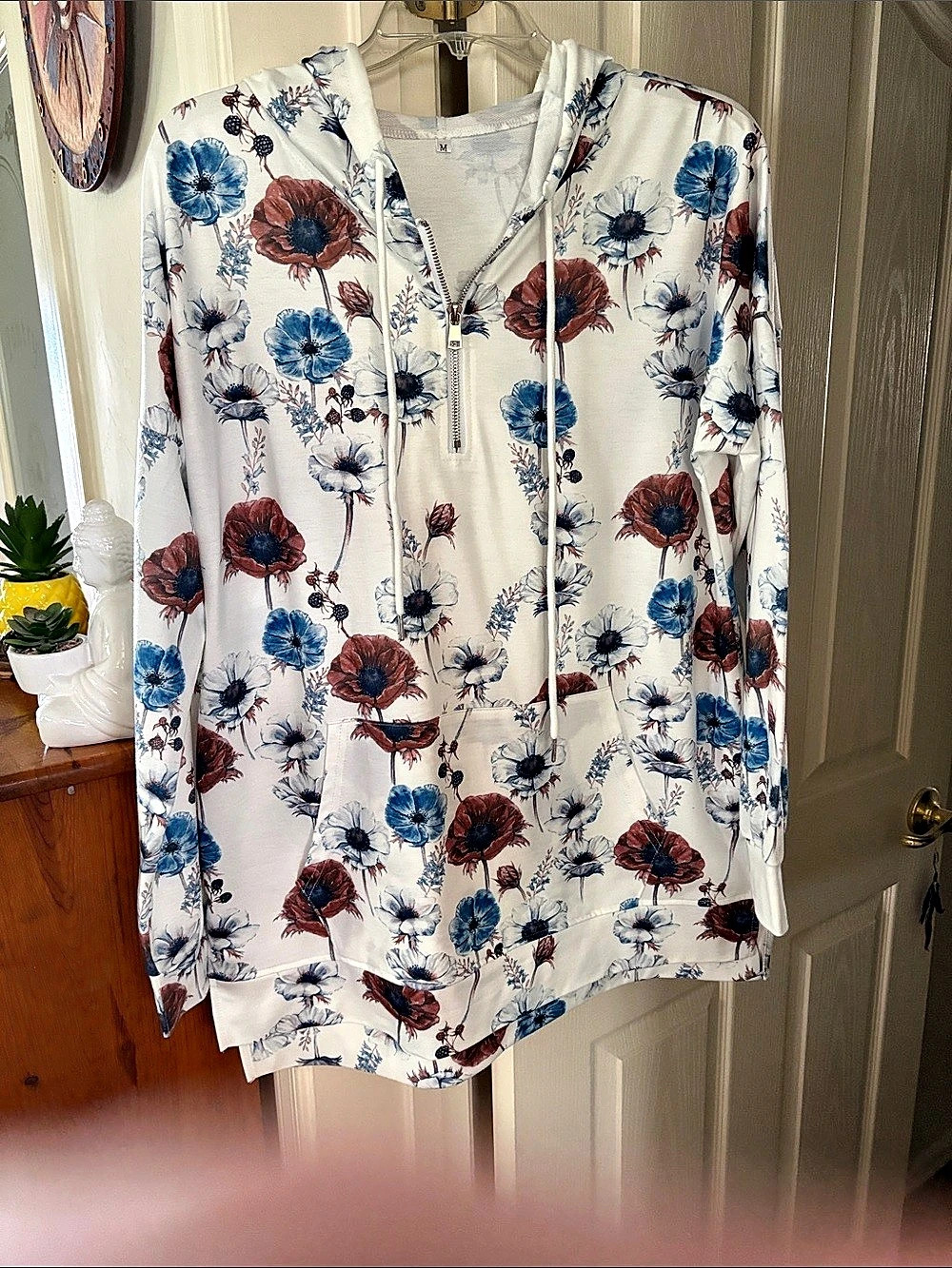 Floral Zip Hoodie White & Blue Medium Like New
